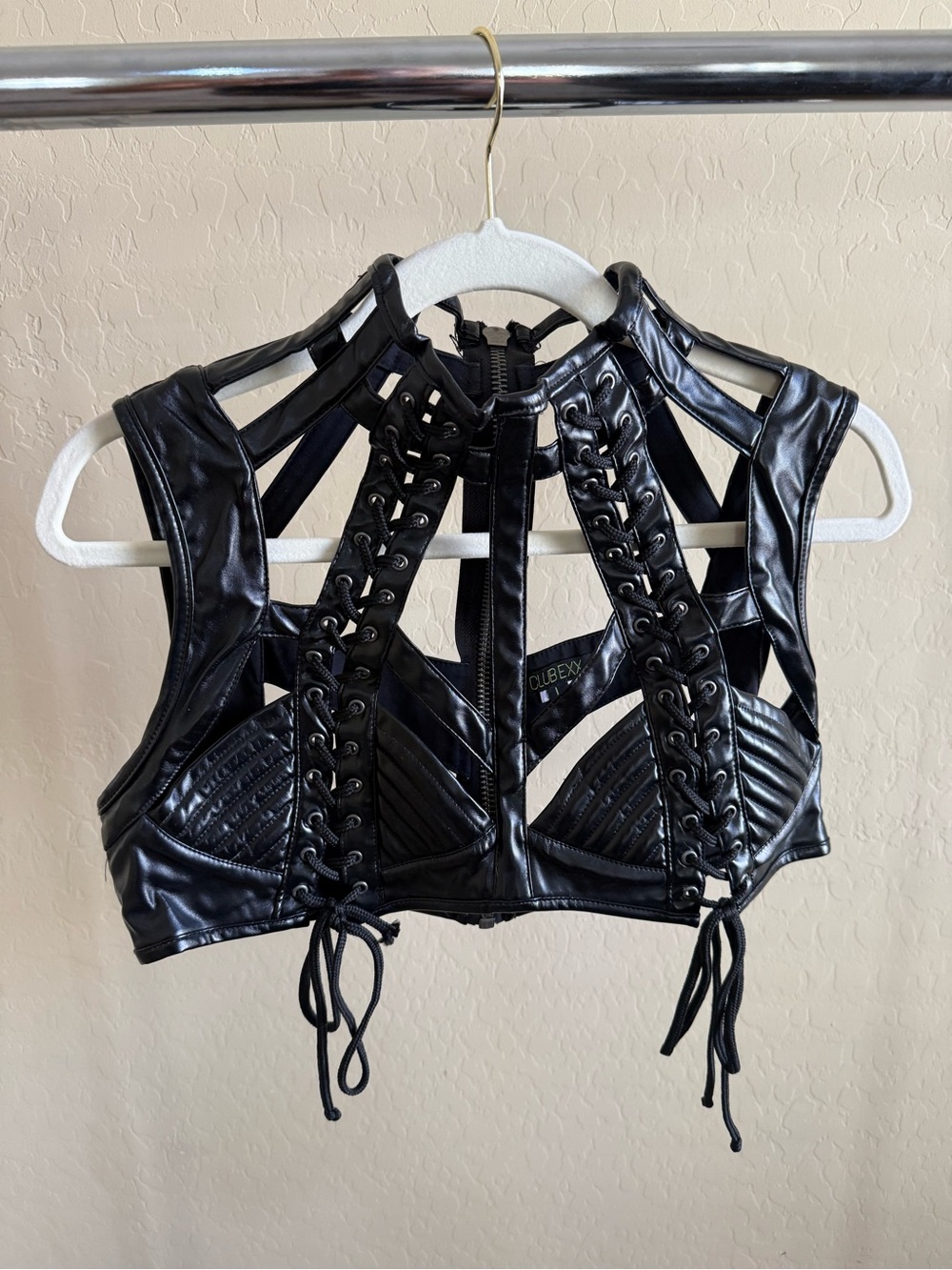 Black Faux Leather Lace-Up Cage Crop Top by Club Exx